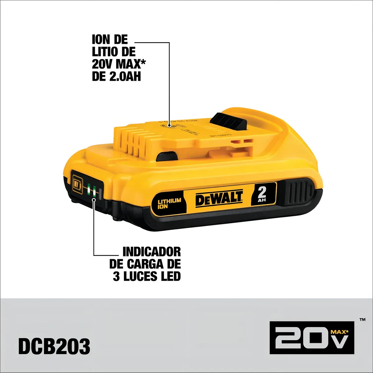 Batería DEWALT DCB203 20V MAX 2.0AH con indicador LED de 3 luces
