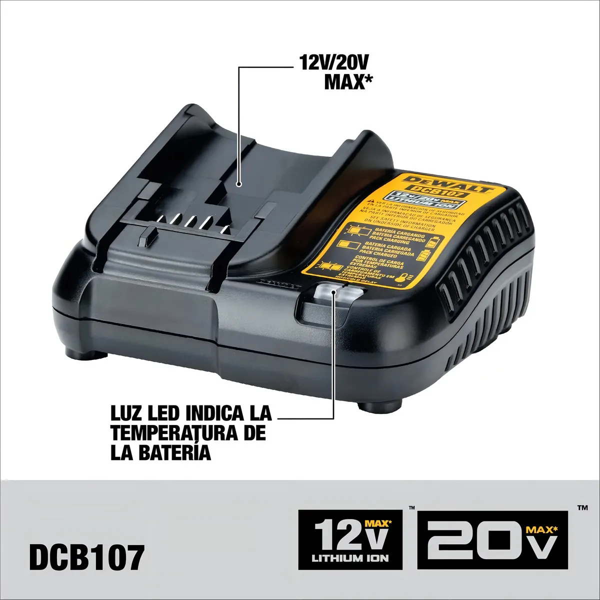 Cargador DEWALT DCB107 12V/20V MAX con indicador LED de temperatura