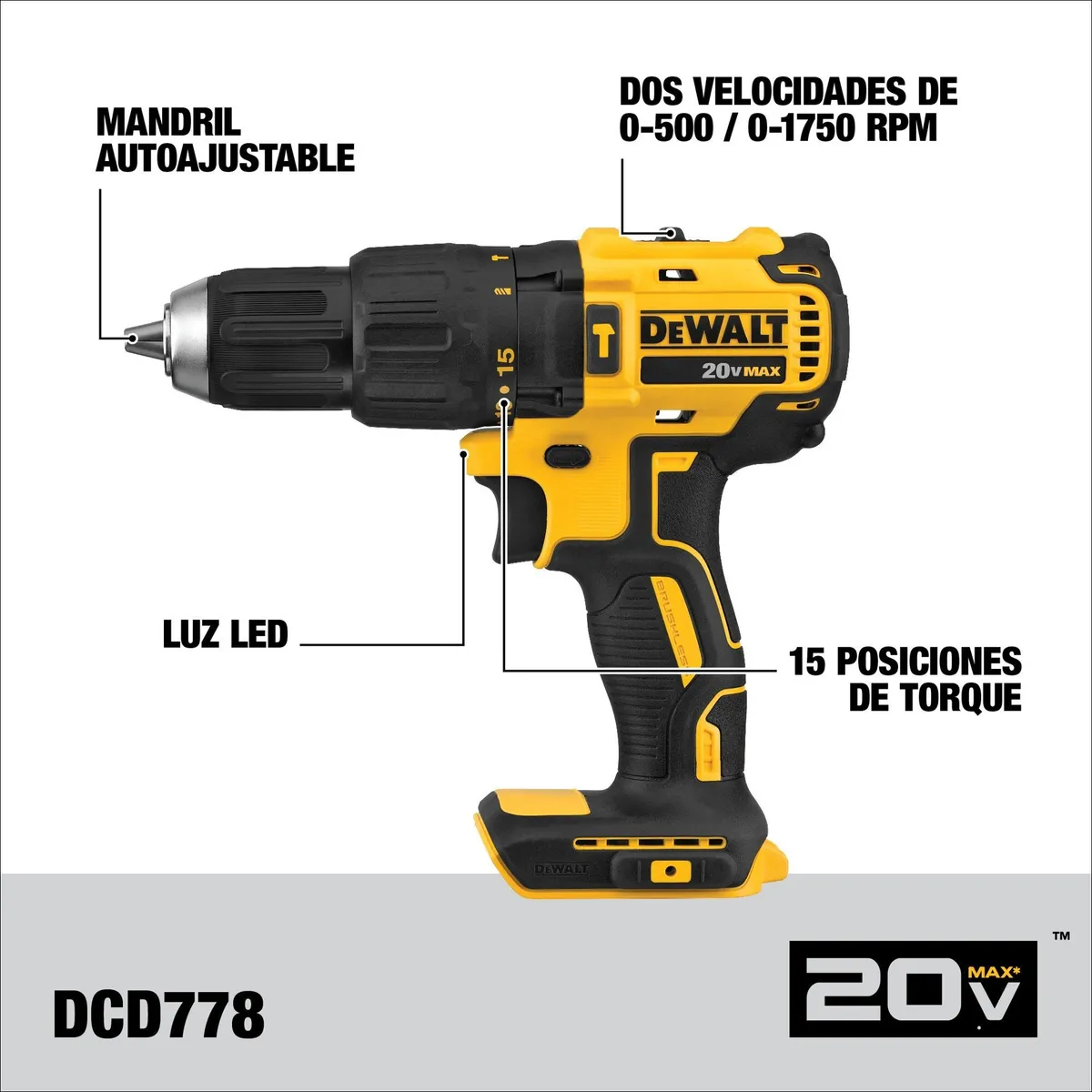 Diagrama técnico DCD778 - Taladro con mandril autoajustable y 15 posiciones de torque